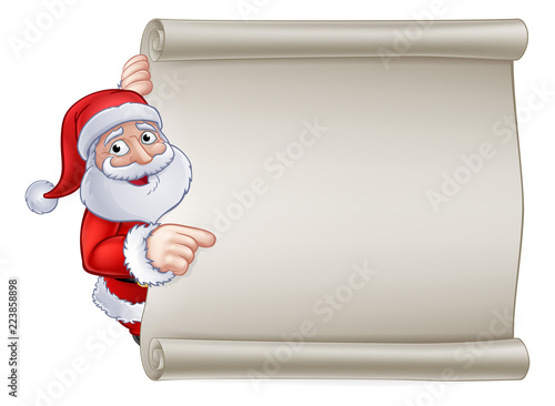 Santa Claus Christmas cartoon character peeking around and pointing at a scroll banner sign