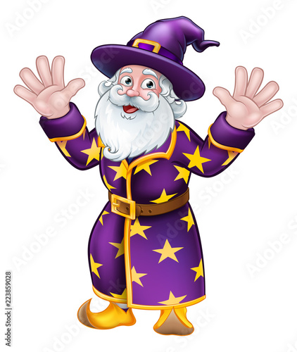 A wizard merlin magician Halloween cartoon character waving hands