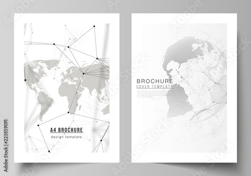 Vector layout of A4 format cover mockups design templates for brochure, flyer, booklet. Futuristic design with world globe, connecting lines and dots. Global network connections, technology concept.