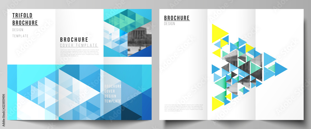 The minimal vector illustration of editable layouts. Modern creative covers design templates for trifold brochure or flyer. Blue color polygonal background with triangles, colorful mosaic pattern.