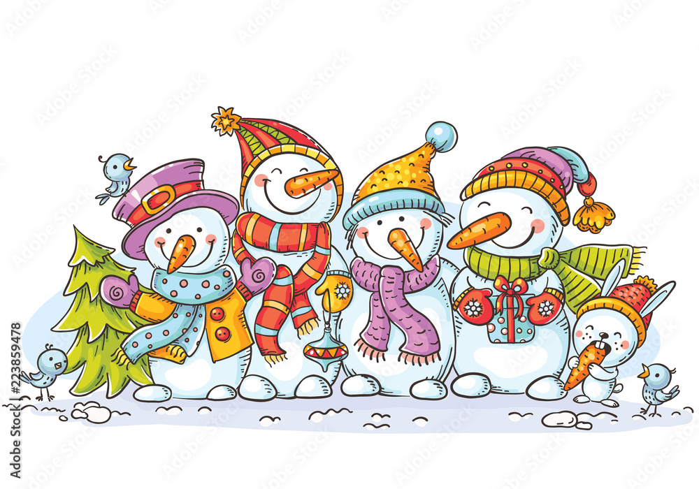 Happy colorful snowmen with Christmas ornaments, greeting card, vector illustration