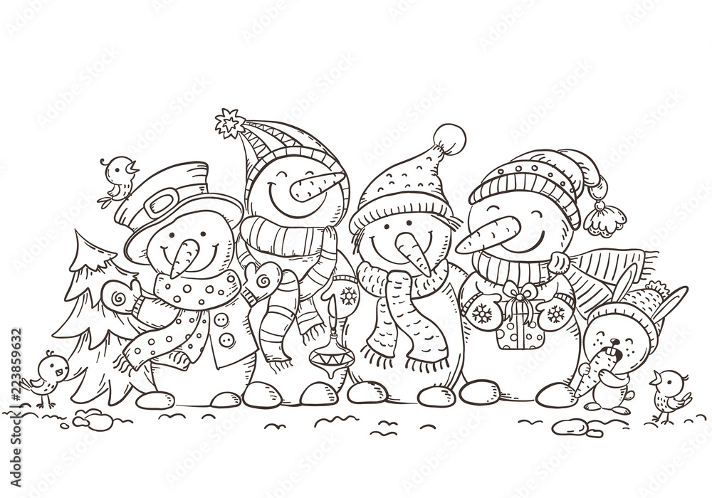 Happy colorful snowmen with Christmas ornaments, greeting card, vector illustration, outline