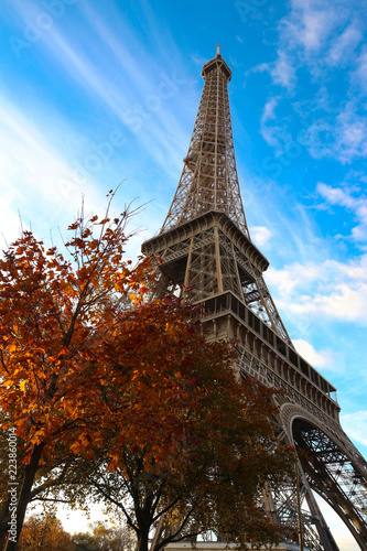 Color fall image of the Eiffel tower in Paris  France  Europe  on a sunny autumn day .