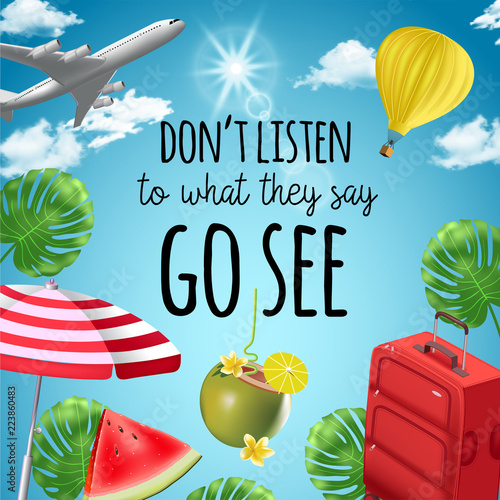 Vector background with beach and travel elements. Tourism. Traveling around the world. Background for travel agent, travel advertising, for web sites about tourism.