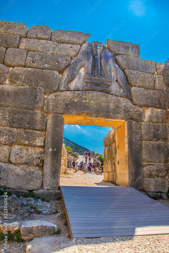 Lion's gate, the main entrance of the citadel of Mycenae. Archaeological site of Mycenae in Peloponnese Greece