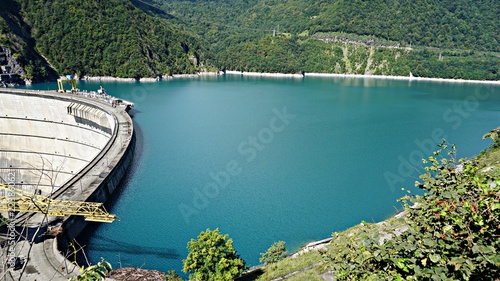 beautiful blue lake on a dam, a hydroelectric power station.