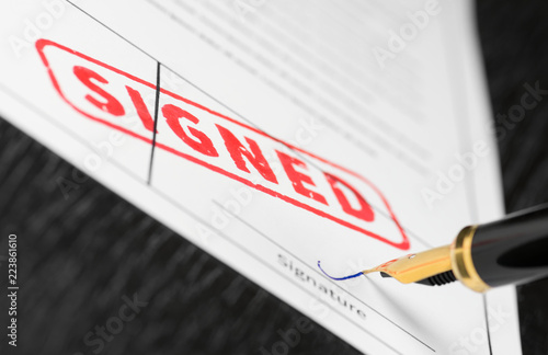 Macro shot of red stamp signed and fountain pen on a form.