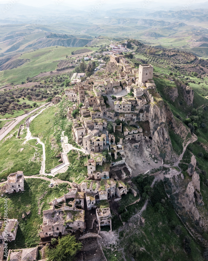 Aerial view of Craco, abandoned town on top of a hill