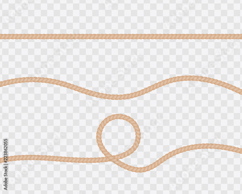 Set of realistic ropes or strings, straight and twisted. Natural twisted lines with loops isolated on a transparent background.