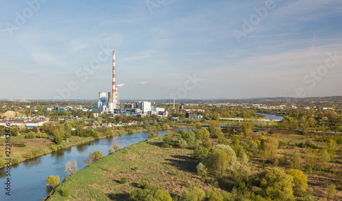 view of the Vistula River and a heat and power plant in Krakow