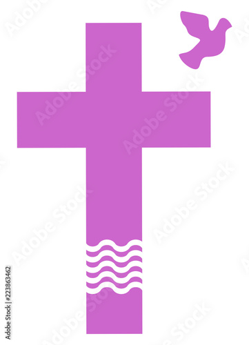 Violettes Kreuz mit Taube und Wasser.
