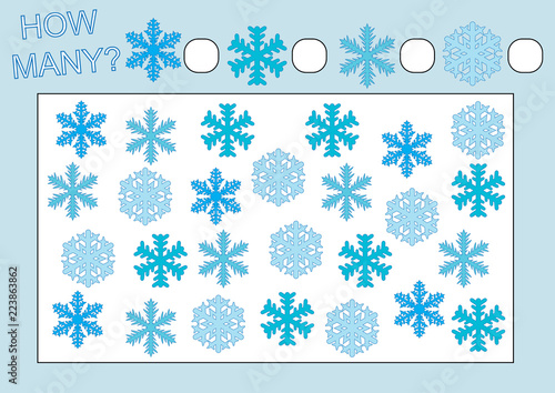 Educational game for kids. Count how many snowflakes. Vector illustration.
