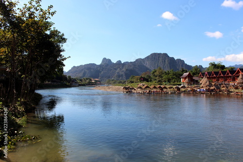 Vang Vieng, Laos - January 1, 2016 : Travel Song River, The river clear and mountain view beautiful and blue sky