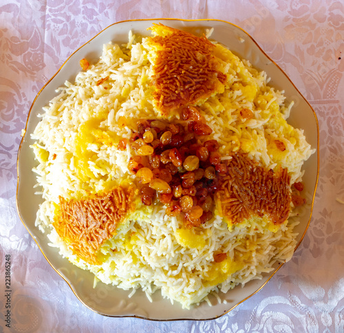 Rice with raisins close-up. Azerbaijan Talysh cuisine