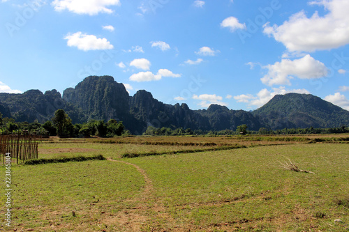 View of the meadow and mountains at Vang Vieng, Laos