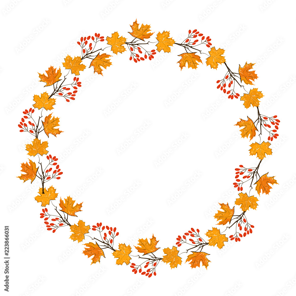 Autumn season frame with pumpkin, maple leaves and red berries, dry branch. Fall decoration element for cards and seasonal decor. Isolated on white background