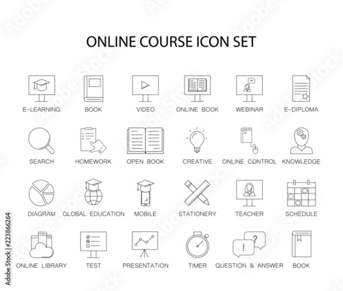 Line icons set. Online course pack. Vector illustration 