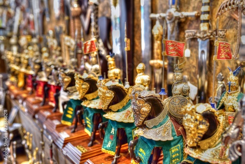 Medieval knight toys in souvenir shop, Toledo, Spain