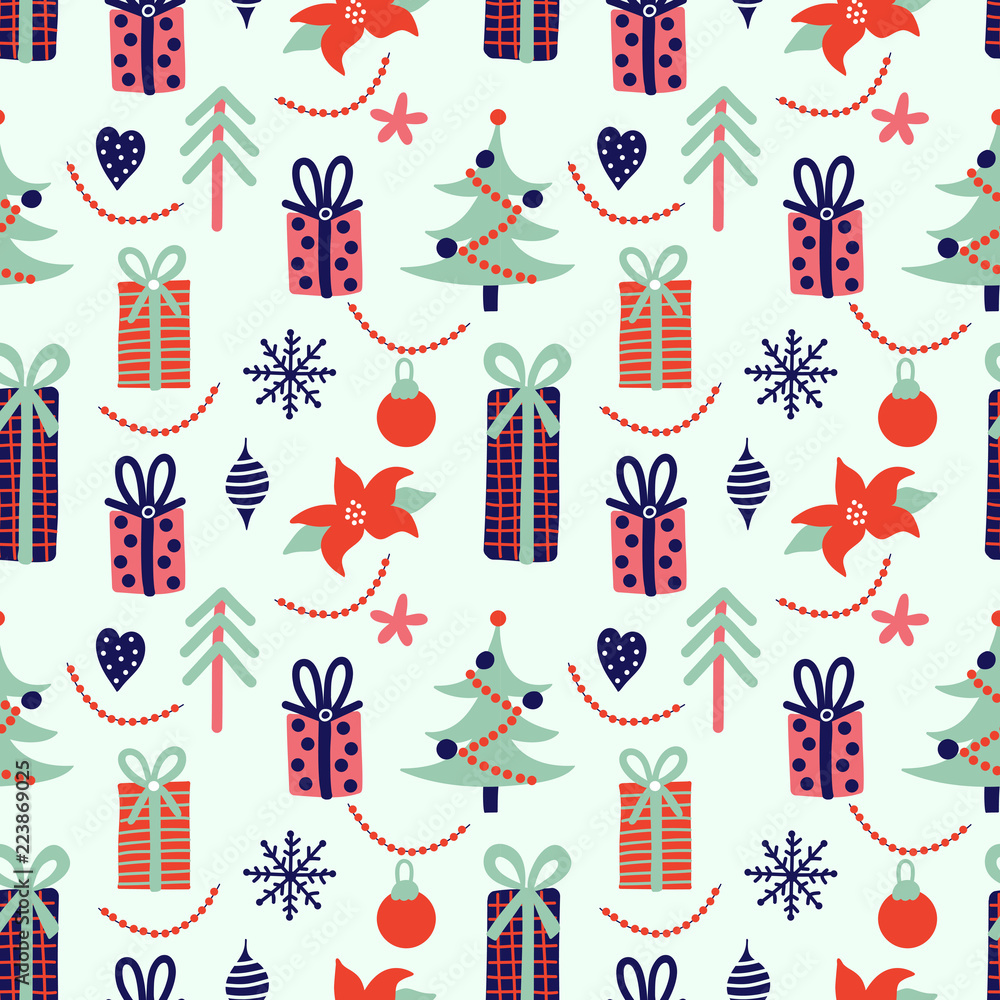 a pattern of gifts of Christmas trees and decorative elements for winter holidays, Christmas and New Year a pattern of gifts of Christmas trees and decorative elements for winter holidays, Christmas and New Year