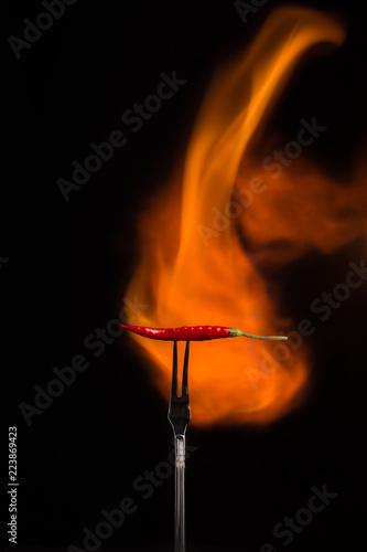 Red hot chilli pepper on a meat fork with flame behind on a black background