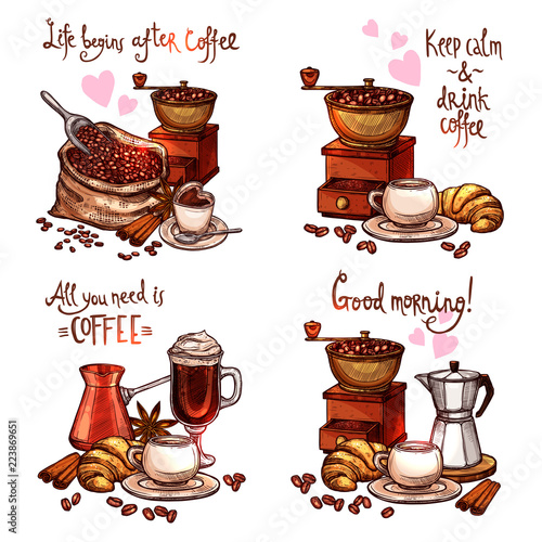 Coffee Hand Drawn Set. Four Color Coffee Still Lifes With Lettering In Sketch Style