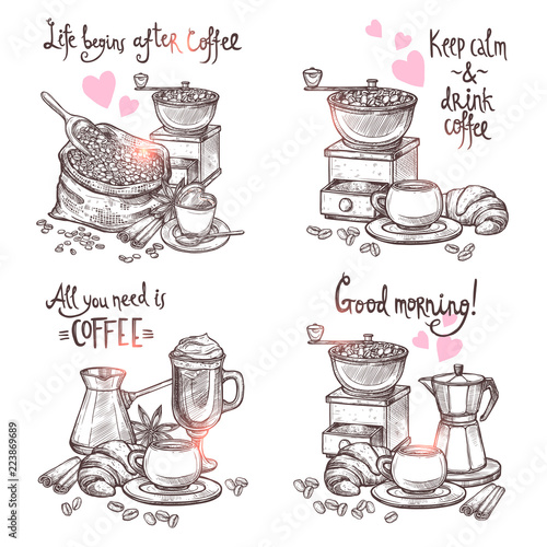 Coffee Hand Drawn Set. Four Monochrome Coffee Still Lifes With Lettering In Sketch Style