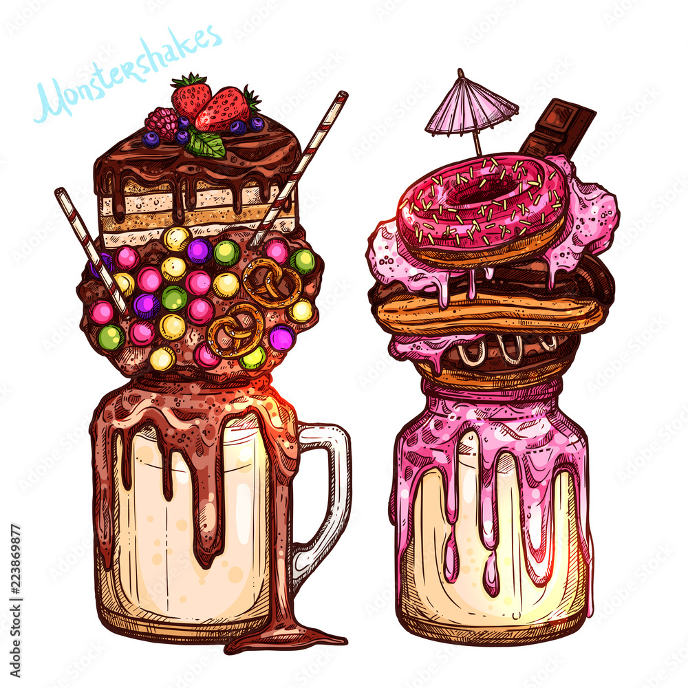 Color Monstershakes In Sketch Style Freak And Crazy Milkshakes Hand Drawn Creative Dessert Stock Vector Adobe Stock