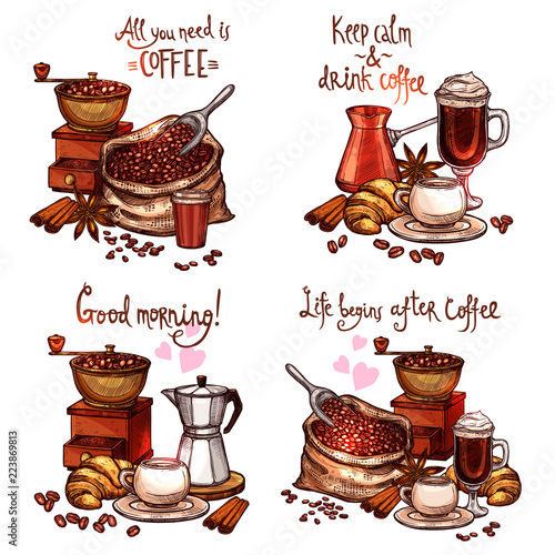 Coffee Sketch Set. Four Color Coffee Still Lifes With Lettering In Hand Drawn Style