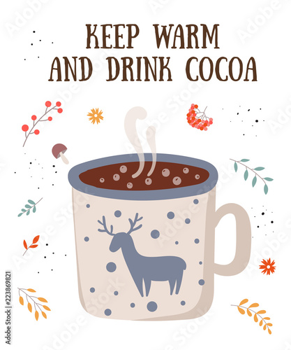 Vector postcard with hot drink in flat design