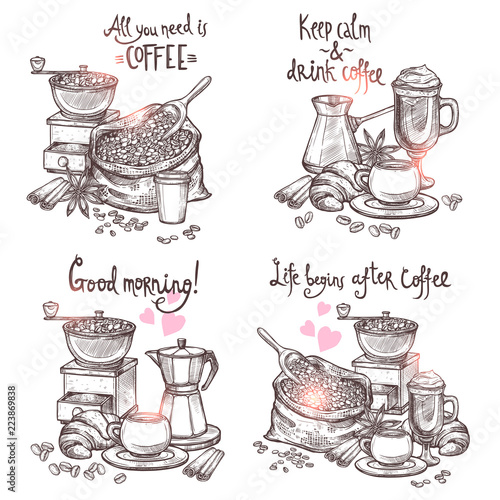 Coffee Sketch Set. Four Monochrome Coffee Still Lifes With Lettering In Hand Drawn Style