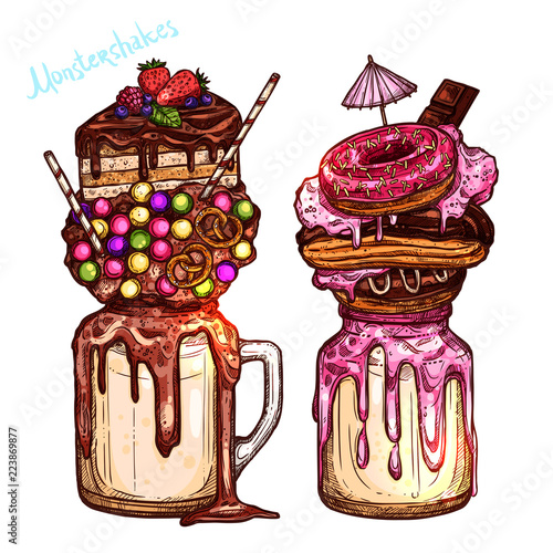 Color Monstershakes In Sketch Style. Freak And Crazy Milkshakes. Hand Drawn Creative Dessert