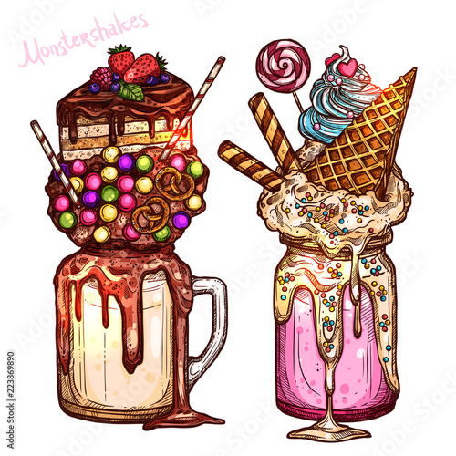 Colorful Monstershakes In Sketch Style. Freak And Crazy Milkshakes. Hand Drawn Creative Dessert photo