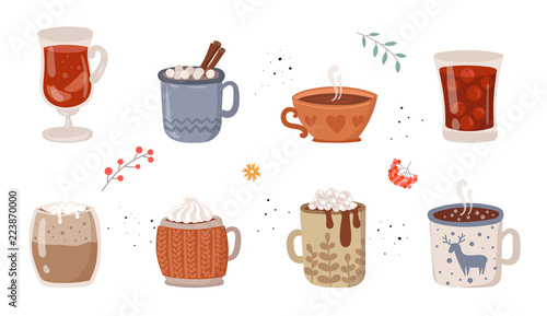 Vector collection of hot drinks. Hot chocolate, coffee, cocoa with whipped cream and marshmallow, mulled wine. Autumn and winter holidays