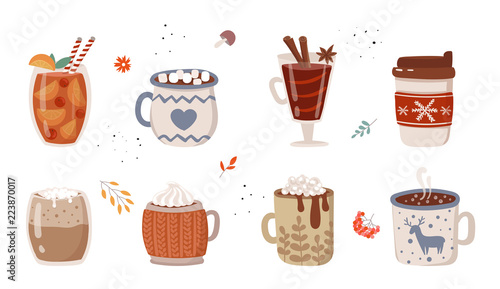 Vector collection of hot drinks. Hot chocolate, coffee, cocoa with whipped cream and marshmallow, mulled wine. Autumn and winter holidays