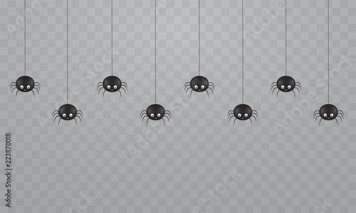 Black hanging cute spiders on a transparent background. Scary spiders on cobwebs for Halloween.