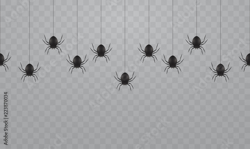 Black hanging spiders on a transparent background. Scary spiders on cobwebs for Halloween.