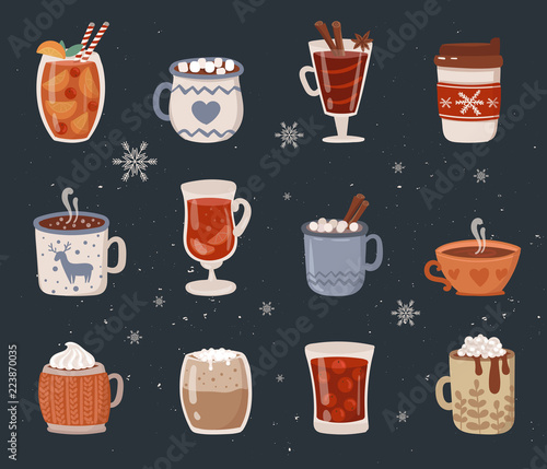Vector collection of hot drinks. Hot chocolate, coffee, cocoa with whipped cream and marshmallow, mulled wine. Autumn and winter holidays