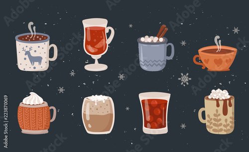 Vector collection of hot drinks. Hot chocolate, coffee, cocoa with whipped cream and marshmallow, mulled wine. Autumn and winter holidays