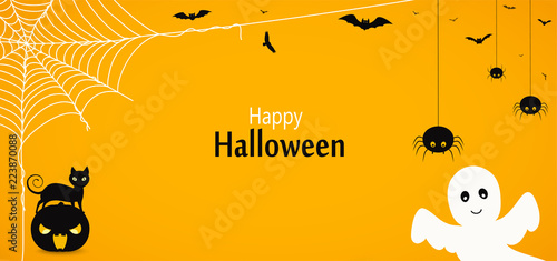 Happy Halloween. Yellow background or banner with cat on pumpkin, flying ghost, descending spiders, cobweb and bats.
