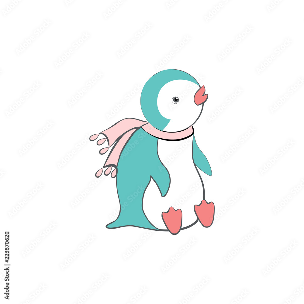 Cute cartoon penguin with pink scarf, Antarctic bird, animal vector funny illustration isolated on white backdrop, decorative colorful mammal for character design, mascot, zoo alphabet, baby shower Cute cartoon penguin with pink scarf, Antarctic bird, animal vector funny illustration isolated on white backdrop, decorative colorful mammal for character design, mascot, zoo alphabet, baby shower