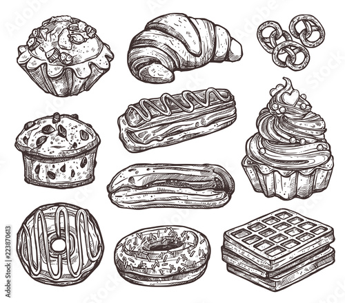 Sketch Collection Of Bakery Products, Dessert And Sweets. Hand Drawn Monochrome Set With Cake, Cupcakes, Muffins And Waffle