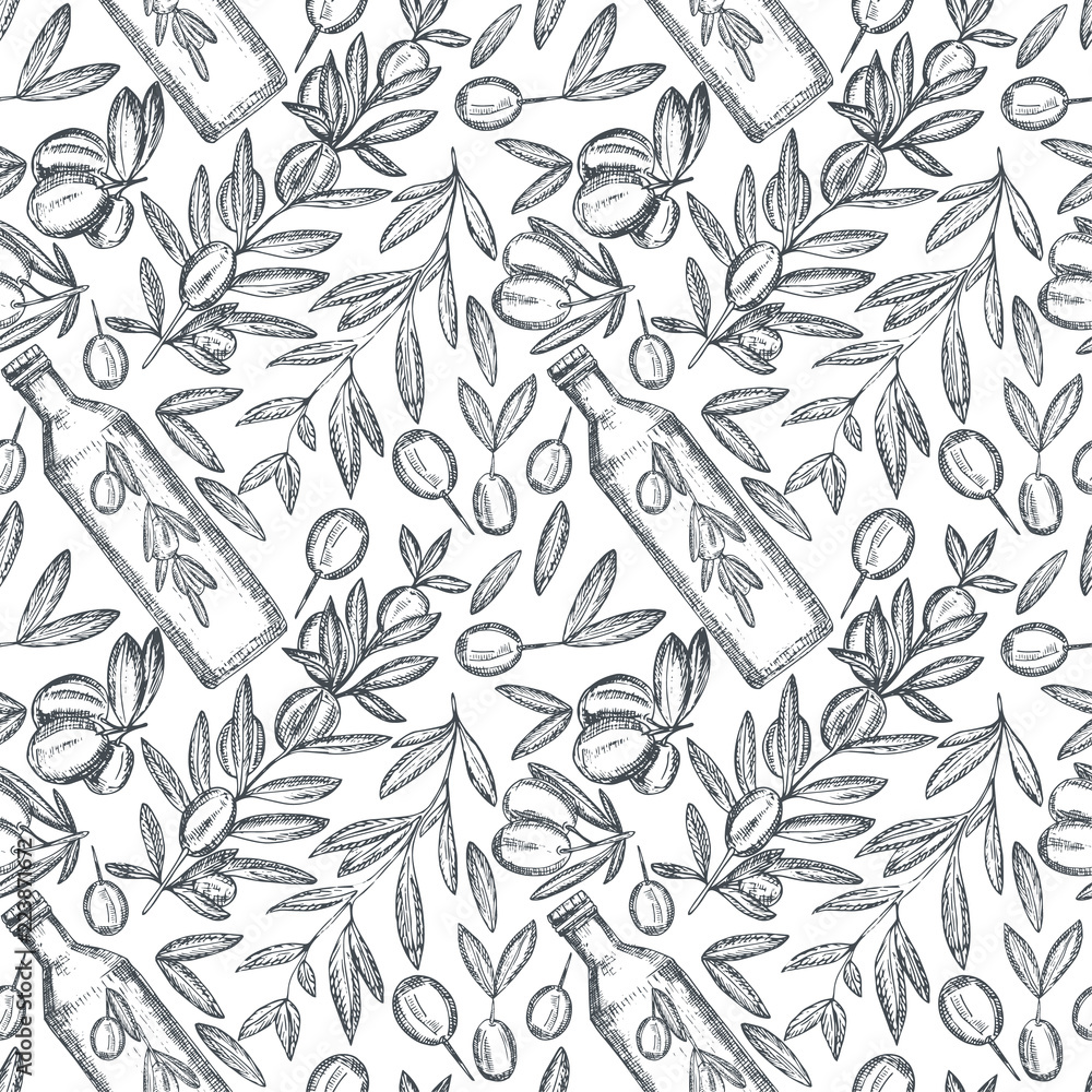 Obraz premium Hand drawn olives vector illustration, seamless pattern