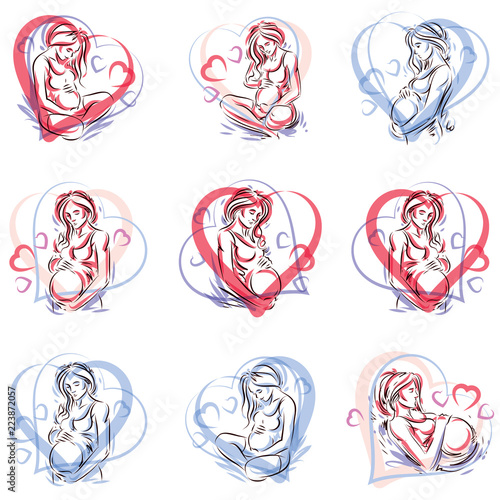 Collection of vector hand-drawn illustration of pregnant elegant woman expecting baby  sketch. Love and fondle theme.