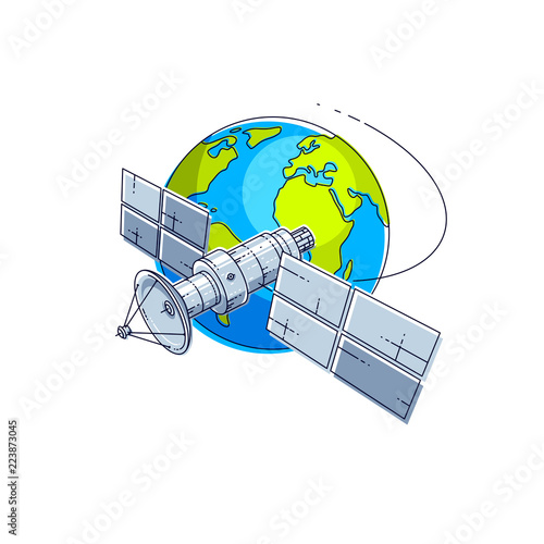 Communication satellite flying orbital spaceflight around earth, spacecraft space station with solar panels and satellite antenna plate. Thin line 3d vector illustration.
