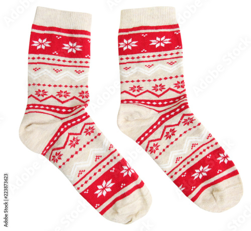 Pair socks winter holiday ornaments isolated.