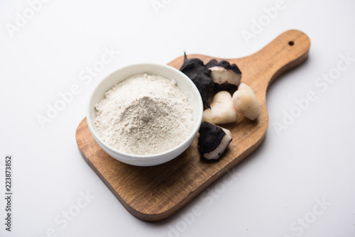 cooked Water chestnut with flour or powder, also known as singada/singara or shingada peeth, selective focus photo