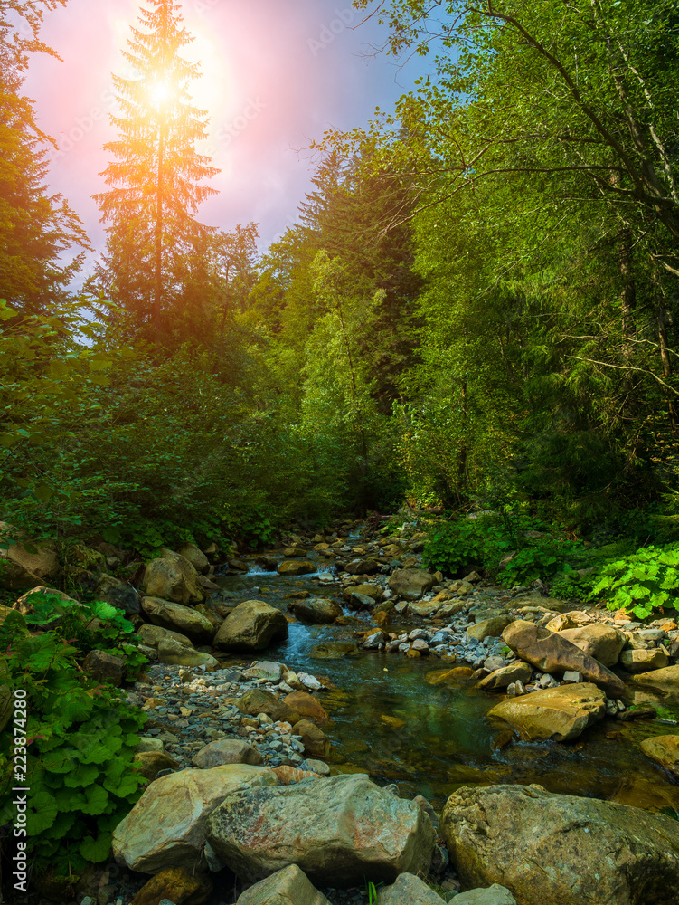 Fototapeta premium Mountain waterfall with blue, clear water. Summer background
