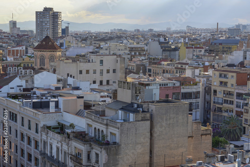 Rooftops and view of commercial and residential buildings in Barcelona Spain