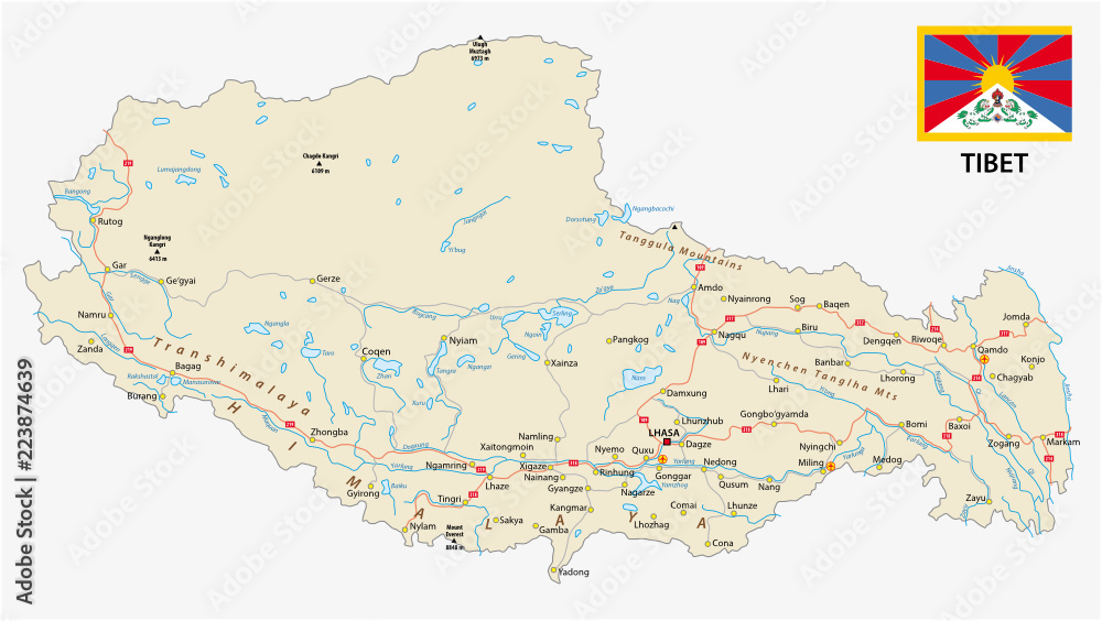 Obraz premium Tibet region with important cities and roads vector map and flag