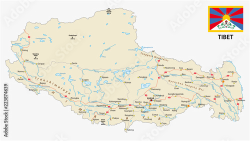 Tibet region with important cities and roads vector map and flag